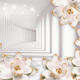 Fototapet 3D, Flori albe cu elemente aurii pe fundalul unui tunel cu pereți albi