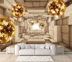 Fototapet 3D, Tunelul din cuburi din lemn și sfere strălucitoare