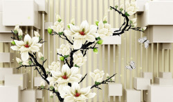 Fototapet, Flori albe pe fond 3D