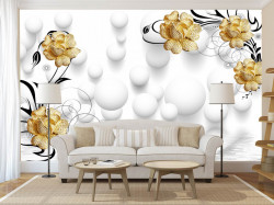 Fototapet, Flori galbene cu baloane albe pe fundal gri