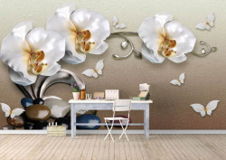 Fototapet, Fluturi albi și orhidee pe un fundal maro