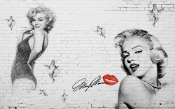 Fototapet, Marlyn Monroe pe fundal de zid de cărămidă