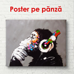 Poster, Maimuța cu casti pe fundalul negru