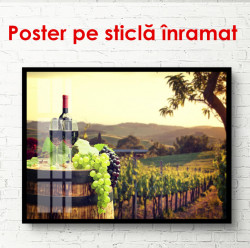 Poster, Sticlă de vin pe fundalul unei podgorii verzi la apusul soarelui