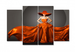Tablou modular, Doamnă într-o rochie și pălărie roșie de mătase