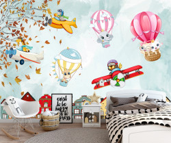 Tapet foto pentru copii, Animale drăguțe, baloane și avioane cu animale peste un oraș luminos