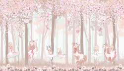 Tapet foto pentru copii, Pădure roz și unicorni