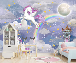 Tapet foto pentru copii, Unicorni în cerul fermecător