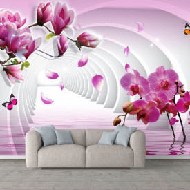 Fototapet 3D, O magnolie roz înflorește pe un fundal 3D