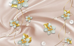 Fototapet, Flori aurii și albe pe un fundal de mătase roz