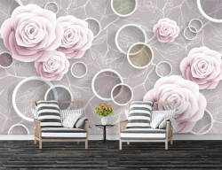 Fototapet, Flori roz și cercuri albe pe un fundal bej