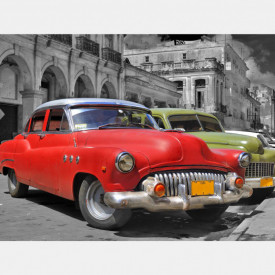 Fototapet, O mașină roșie pe o stradă alb-negru