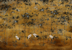 Fototapet, Păsări albe și plantă de bambus în stil vintage