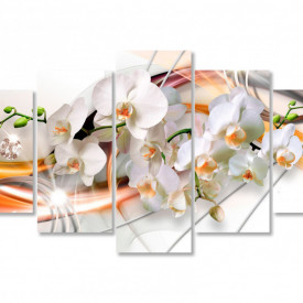 Tablou modular, Orhidee albă și modele portocalii.