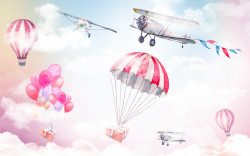Tapet foto pentru copii, Parașute și aviație pe cerul pal roz