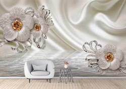 Fototapet 3D, Fantezie cu flori albe și pietre prețioase pe un fundal cu aspect de mătase
