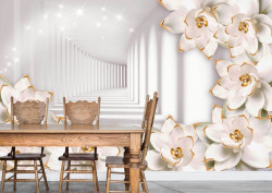 Fototapet 3D, Flori albe cu elemente aurii pe fundalul unui tunel cu pereți albi