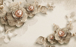 Fototapet 3D, Flori de aur cu perle pe un fundal deschis