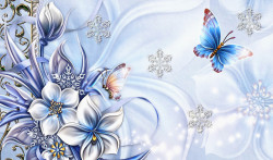 Fototapet, Flori albastre și fluturi cu fulgi de zăpadă