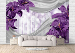 Fototapet, Flori violet pe un fundal de argint