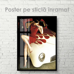 Poster, Lady în rochie roșie pe mașină vintage