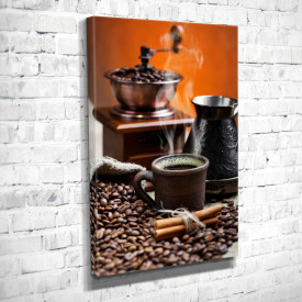 Poster, Paharul alb cu cafea fierbinte și râșnița de cafea pe fundalul portocaliu