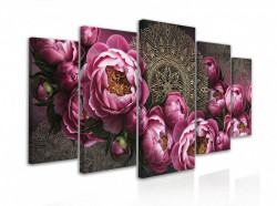 Tablou modular, Bujori de roz și flori de Mandala cu contur auriu