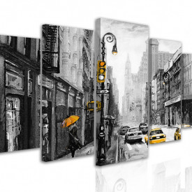 Tablou modular, Mașini galbene într-un oraș alb-negru