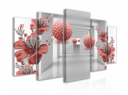 Tablou modular, Sfere și flori roșii pe un fundal 3D
