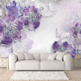 Fototapet 3D, Broșă cu flori violet pe un fundal gri