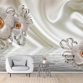 Fototapet 3D, Fantezie cu flori albe și pietre prețioase pe un fundal cu aspect de mătase
