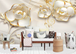 Fototapet 3D, Flori albe cu ornamente aurii pe un fundal cu aspect de mătase
