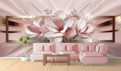 Fototapet 3D, Flori roz pe un fundal roz