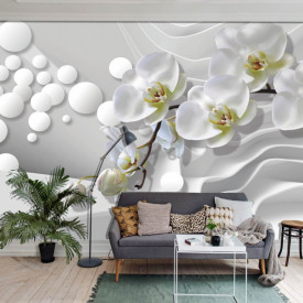 Fototapet 3D, Orhidee albă și sfere pe un perete abstract