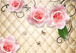 Fototapet 3D, Trandafiri roz deschis, pe un fundal auriu
