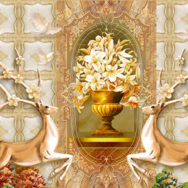Fototapet, Cerbi și o vază de flori pe un fundal auriu