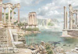 Fototapet, Coloane romane antice la malul lacului