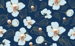 Fototapet, Flori albe cu perle pe un fundal albastru
