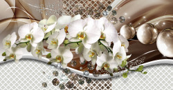Fototapet, Orhidee albe și pietre prețioase pe fundal 3D