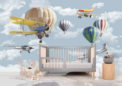 Fototapet pentru camera copiilor, avioane și baloane cu aer cald