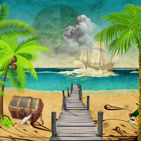 Fototapet, Priveliște la mare cu palmieri pe plajă