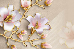 Fototapete 3D, Flori albe cu frunze le de aur pe un fundal bej