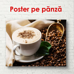 Poster, Cappuccino pe o masă cu boabe de cafea