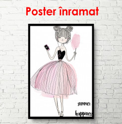 Poster, Fata desenată într-o fustă roz, cu o oglindă în mână