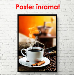 Poster, Paharul alb cu cafea fierbinte pe un fundal portocaliu