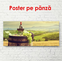 Poster, Sticlă de vin cu struguri pe un butoi