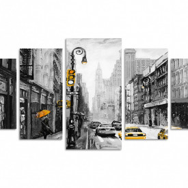 Tablou modular, Mașini galbene într-un oraș alb-negru