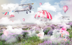 Tapet foto pentru copii, Parașutele aterizează într-un câmp de lavandă