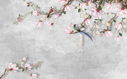 Fototapet, Crenguța cu flori roz de magnolie și păsări pe un fundal cenușiu