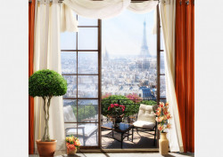 Fototapet, Fereastră cu perdele roșii, cu Priveliște la Paris